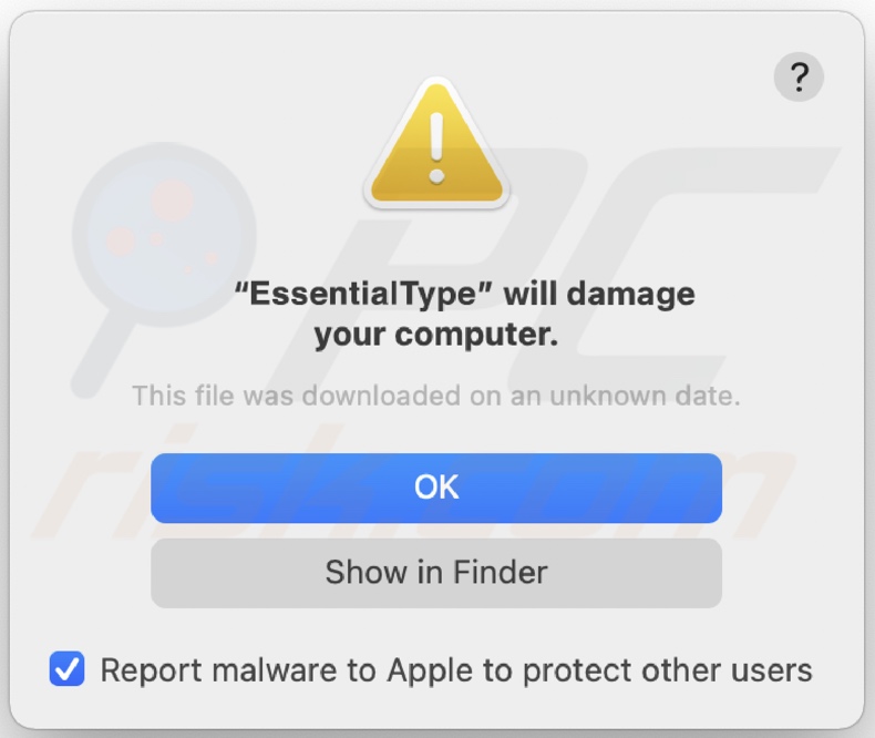 Ventana emergente que se muestra cuando el adware EssentialType está presente