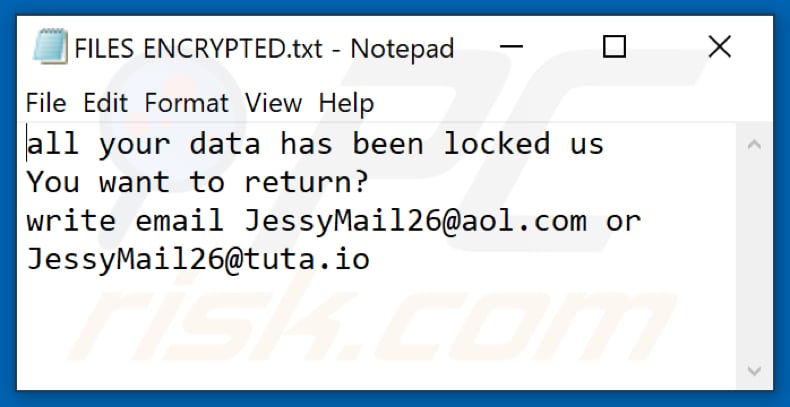 Archivo de texto del ransomware Jessy (FILES ENCRYPTED.txt)
