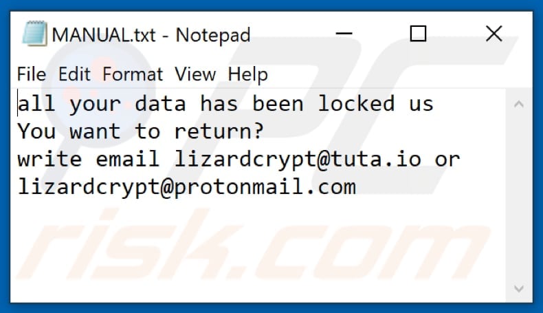 Archivo de texto del ransomware Liz (Manual.txt)