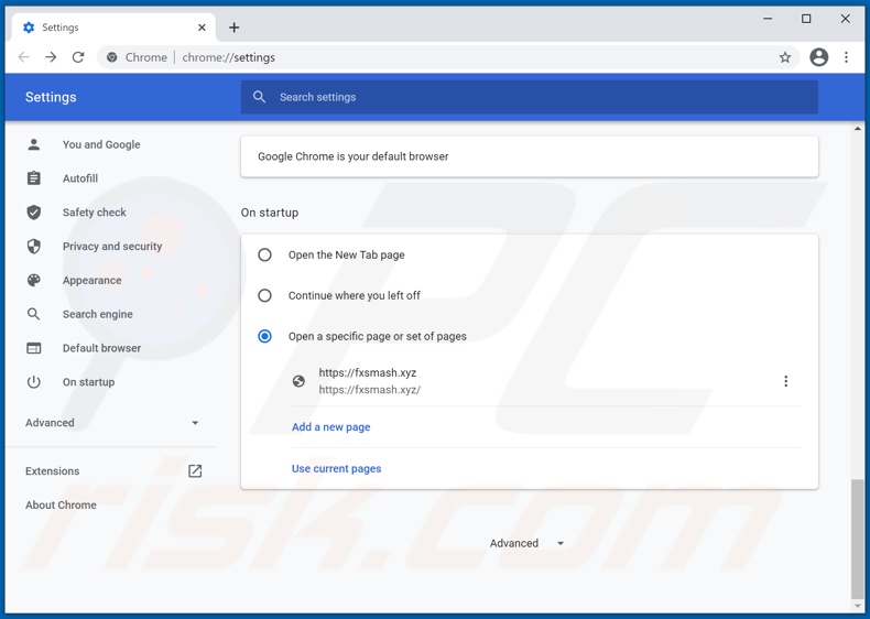 Eliminación de fxsmash.xyz de la página principal de Google Chrome