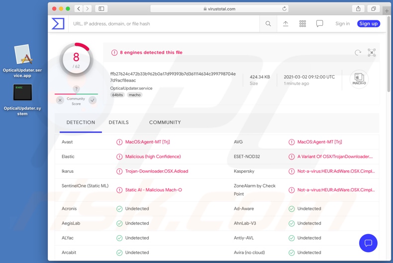 Detecciones de adware OpticalUpdater en VirusTotal