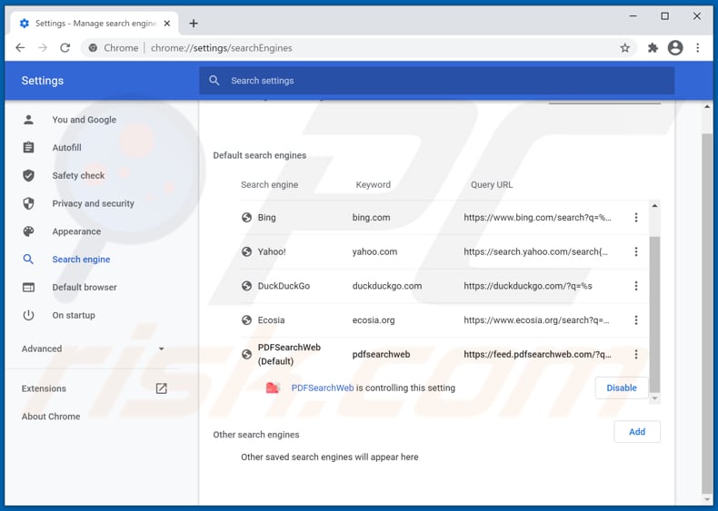 Eliminando pdfsearchweb.com del motor de búsqueda predeterminado de Google Chrome