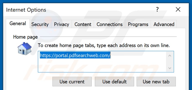 Eliminando pdfsearchweb.com de la página de inicio de Internet Explorer