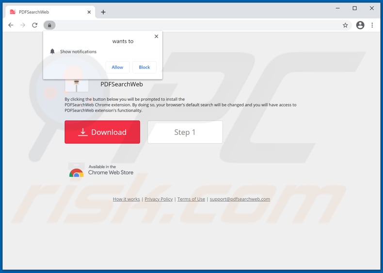 Sitio web utilizado para promover el secuestrador de navegador PDFSearchWeb