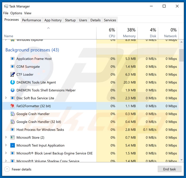 Proceso malicioso en el Administrador de Tareas del ransomware Pecunia Fat32Formatter