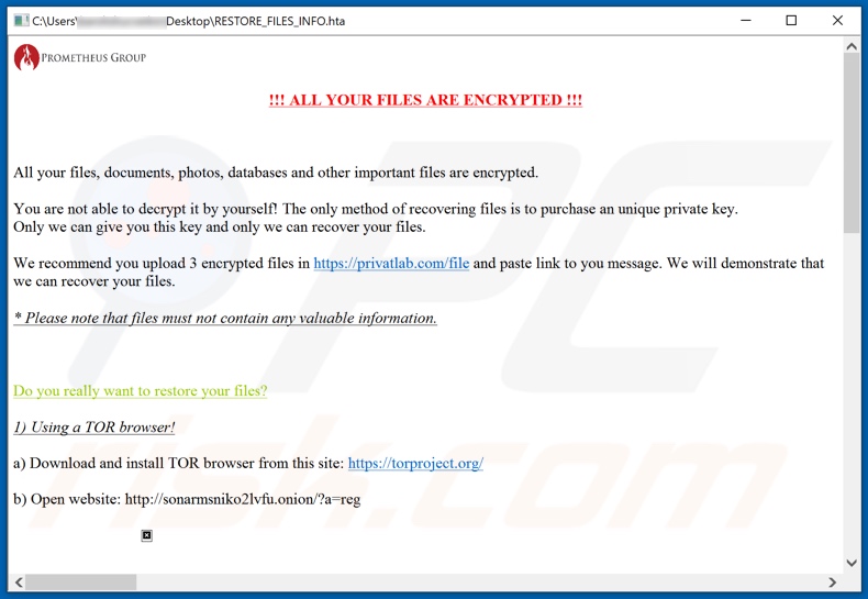 PROM ransomware nota de rescate (RESTORE_FILES_INFO.hta)