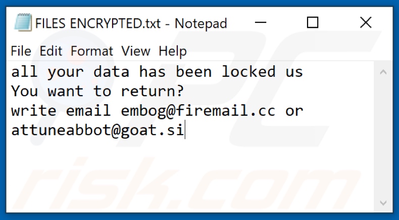 Archivo de texto del ransomware ROG (FILES ENCRYPTED.txt)