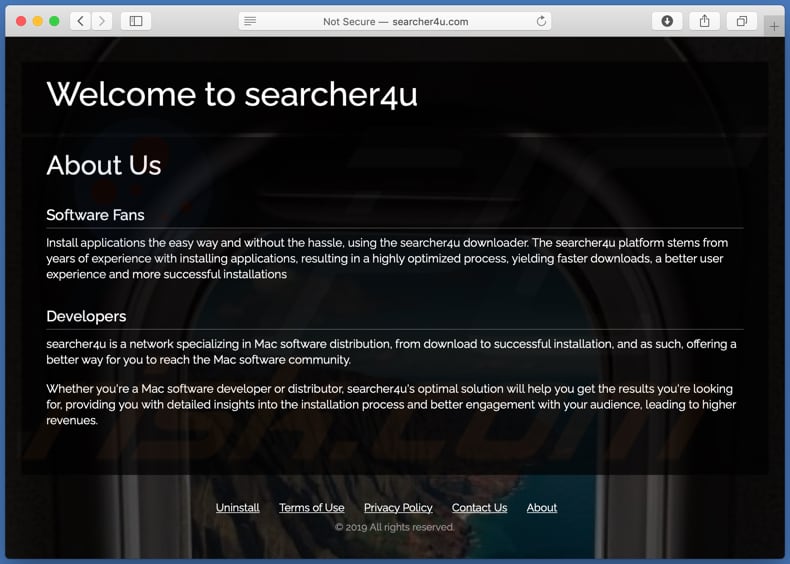 Sitio web dudoso utilizado para promover el secuestrador de navegador searcher4u.com