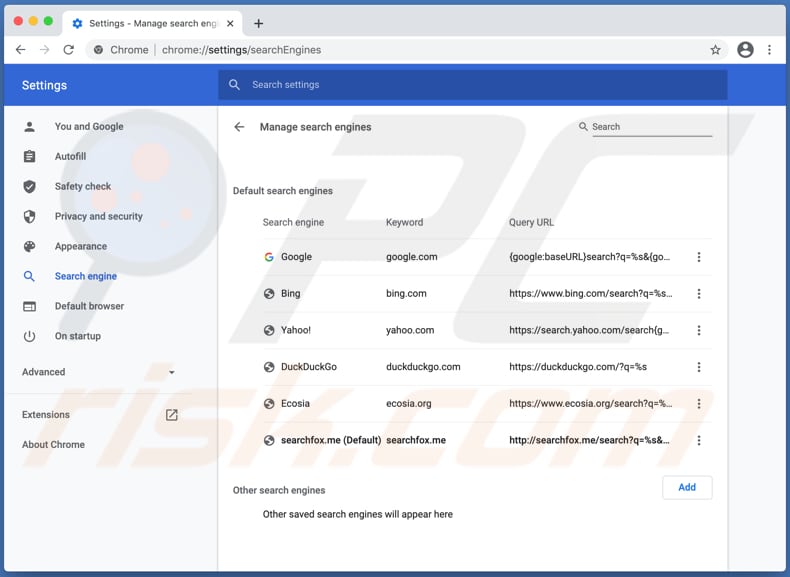 Searchfox.me redirige el motor de búsqueda falso en la configuración como motor de búsqueda predeterminado