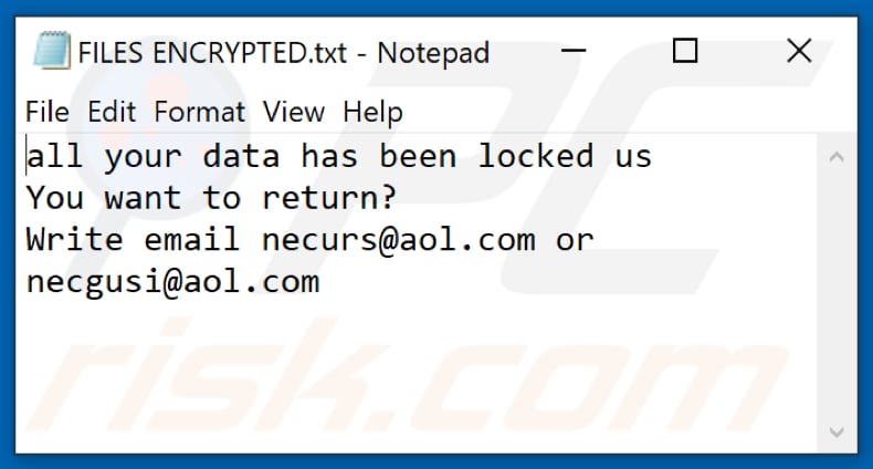 Archivo de texto del ransomware Urs (FILES ENCRYPTED.txt)