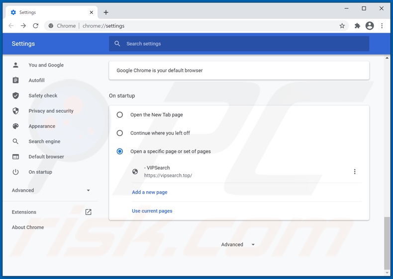 Eliminando vipsearch.guru de la página de inicio de Google Chrome
