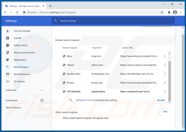 Eliminando vipsearch.guru del motor de búsqueda predeterminado de Google Chrome