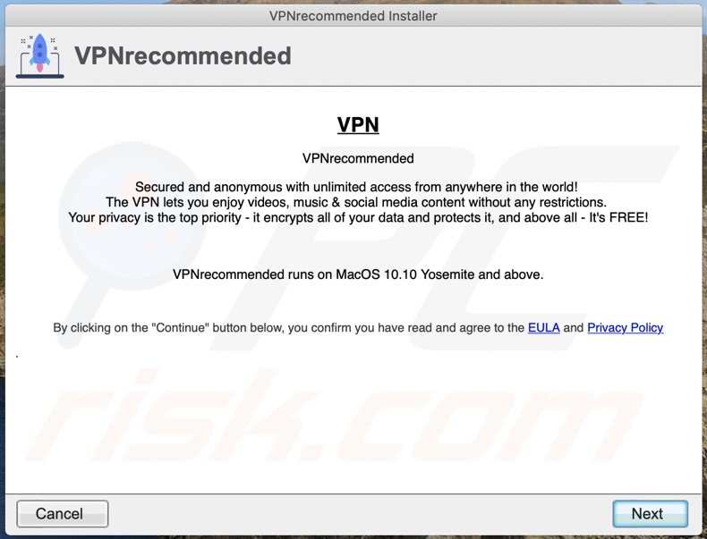 Instalador engañoso utilizado para promover VPNrecommended (paso 2)