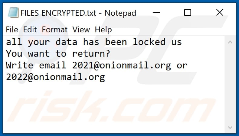 Archivo de texto del ransomware 2122 (FILES ENCRYPTED.txt)