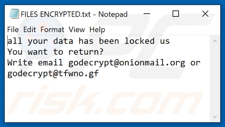 Archivo de texto del ransomware 4o4 (FILES ENCRYPTED.txt)