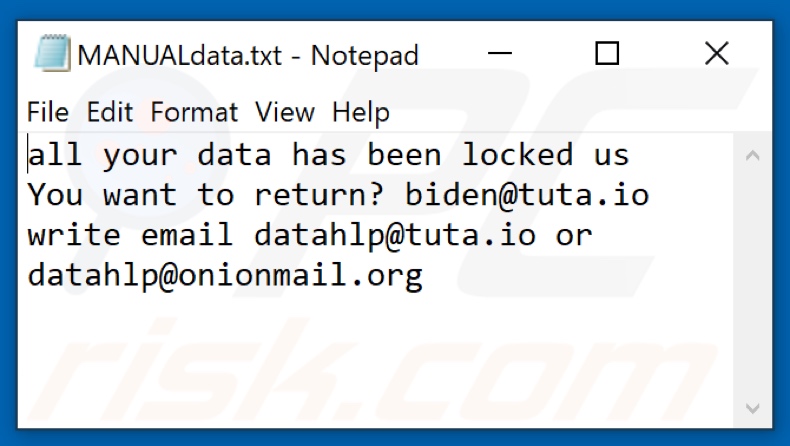 Archivo de texto del ransomware Dhlp (MANUALdata.txt)
