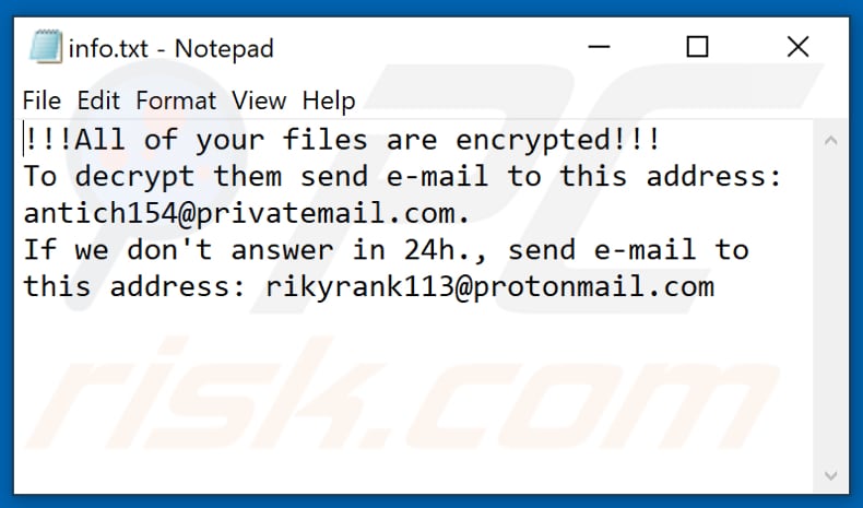 Archivo de texto del ransomware Elbie (info.txt)
