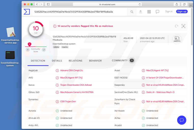 Detecciones del adware EssentialDesktop en VirusTotal