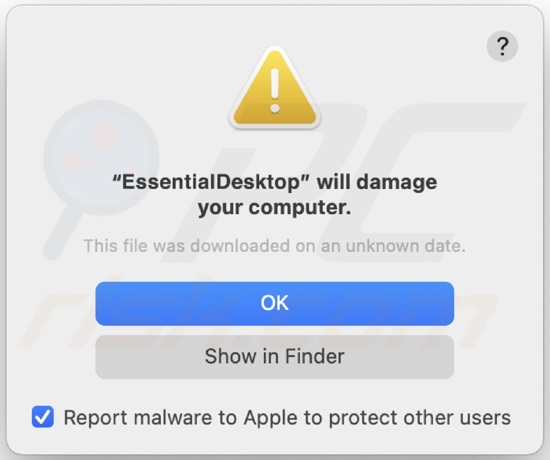 Ventana emergente que se muestra cuando se instala el adware EssentialDesktop