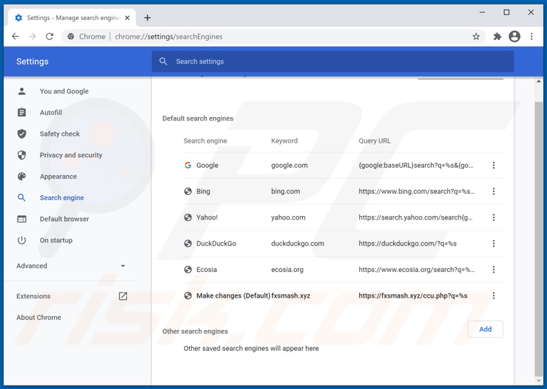 Eliminando fxsmash.xyz del motor de búsqueda predeterminado de Google Chrome