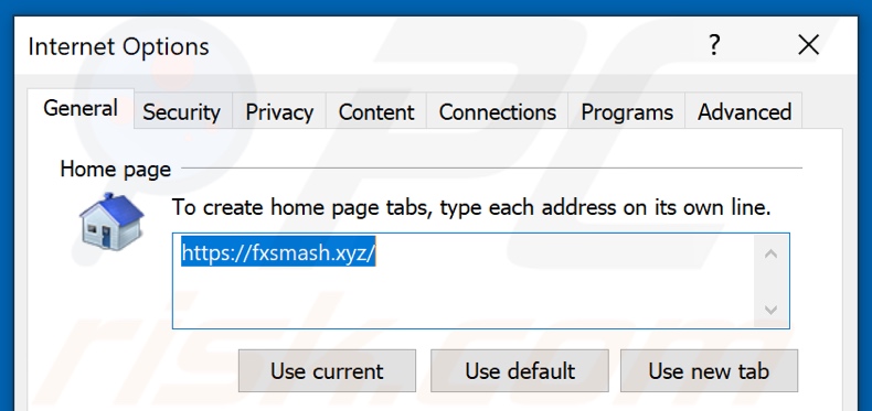 Eliminando fxsmash.xyz de la página de inicio de Internet Explorer