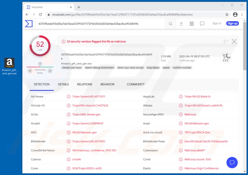 Detecciones de malware HackBoss en VirusTotal