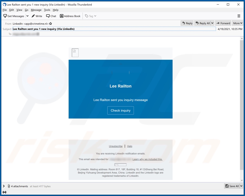 Campaña de spam por correo electrónico de LinkedIn (asunto/título - Lee Railton sent you 1 new inquiry (Via LinkedIn))