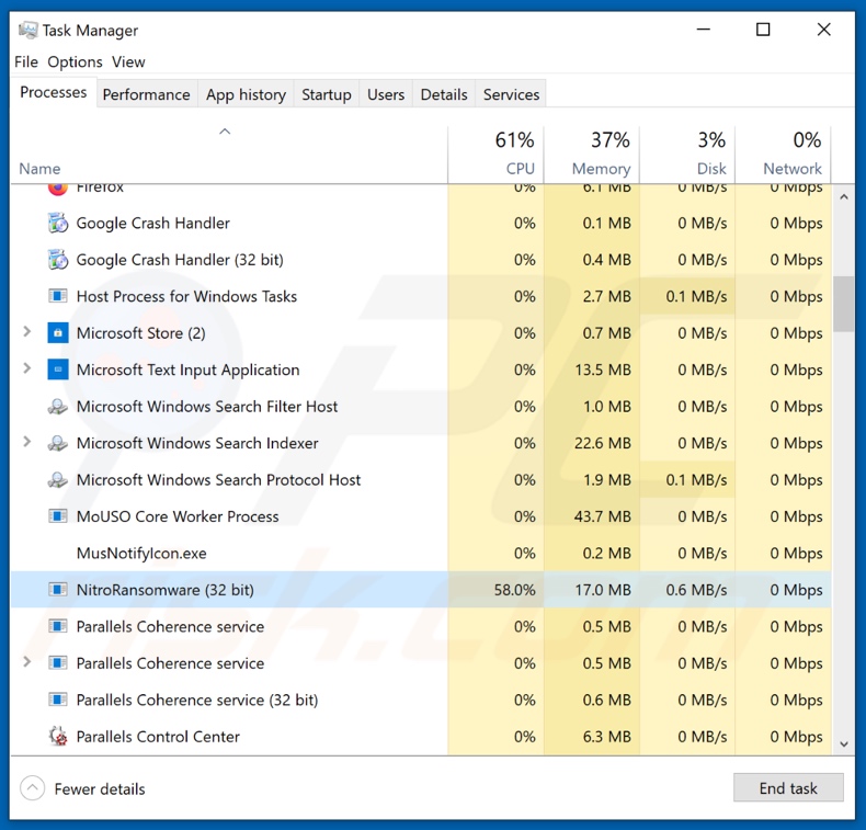 Proceso del ransomware Nitro en el Administrador de Tareas (NitroRansomware - nombre del proceso)