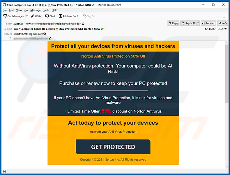 Email fraudulento con 50% de descuento en Norton Anti Virus Protection (2021-04-15)