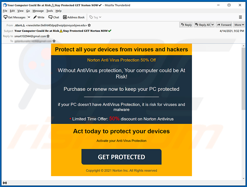 Email fraudulento con 50% de descuento en Norton Anti Virus Protection (2021-04-15)