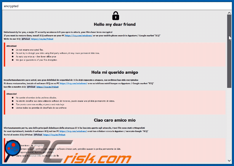 Apariencia de la nota de rescate del ransomware POLSAT GIF