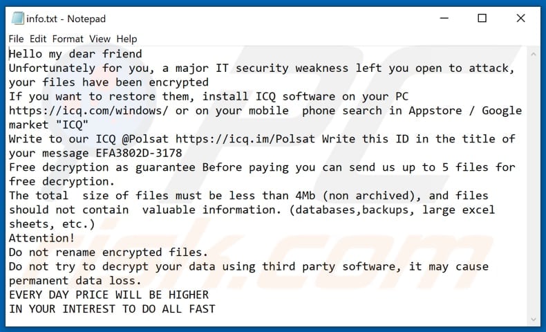 Archivo de texto del ransomware POLSAT (info.txt)