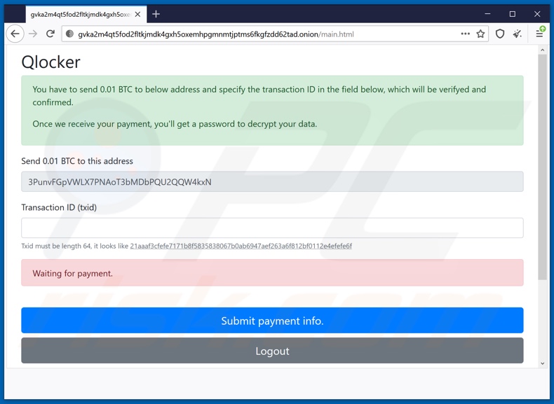 La segunda página del sitio web del ransomware Qlocker (que se muestra después de ingresar la clave de cliente)