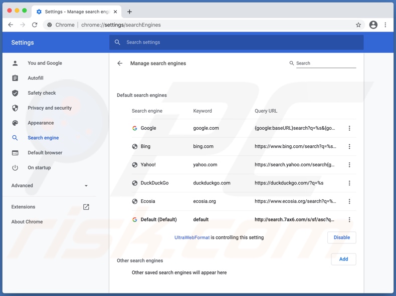 UltraWebFormat promovió un motor de búsqueda falso (search.7ax6.com) configurado como predeterminado en Chrome