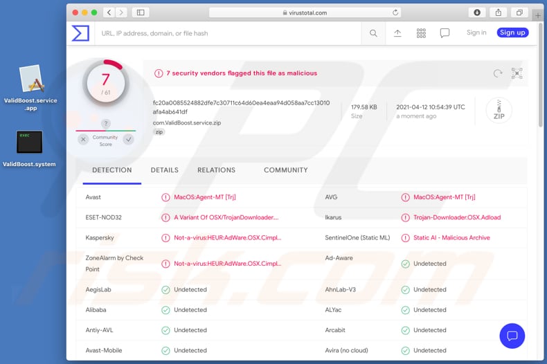 Lista de detecciones del adware ValidBoost en Virustotal