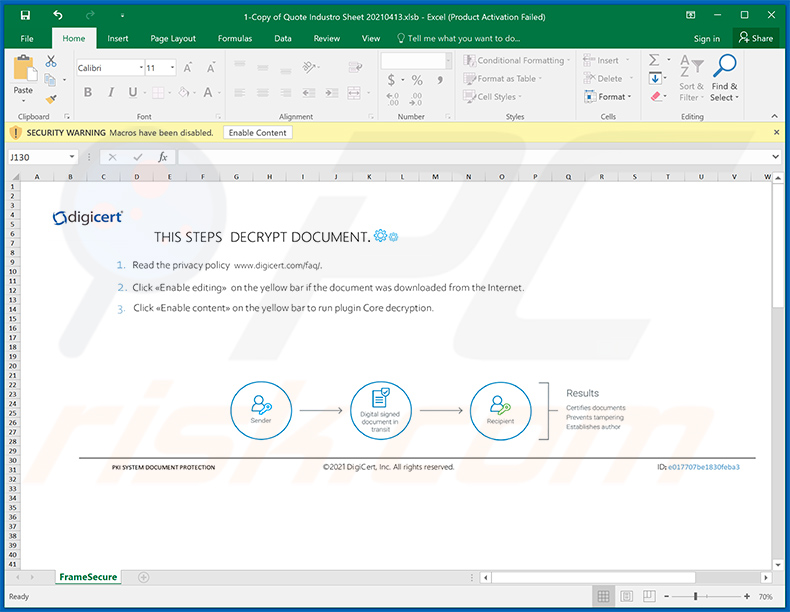 Documento malicioso de MS Excel utilizado para introducr el RAT Warzone