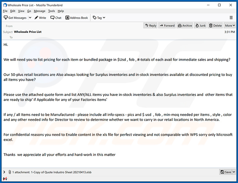 Correo electrónico de spam que propaga el RAT Warzone a través de un documento de MS Excel adjunto