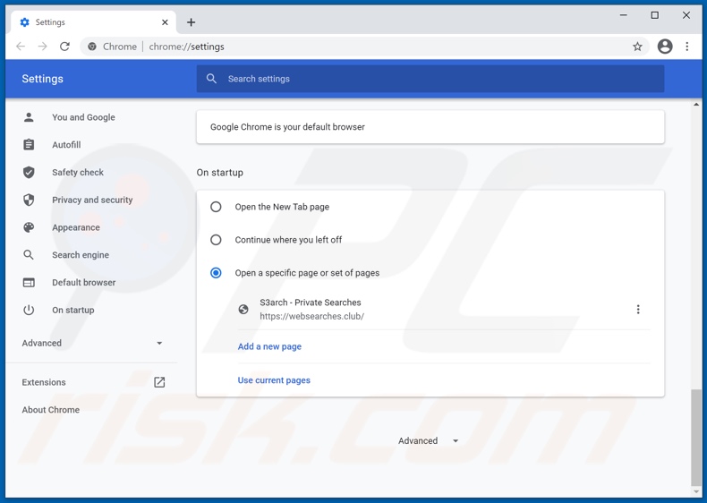 Eliminando websearches.club de la página de inicio de Google Chrome