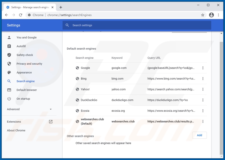 Eliminando websearches.club del motor de búsqueda predeterminado de Google Chrome