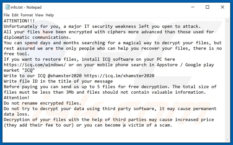 Archivo de texto del ransomware XHAMSTER (info.hta)