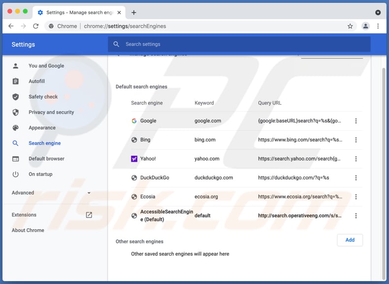 El secuestrador de navegador AccessibleSearchEngine establece como motor de búsqueda predeterminado search.operativeeng.com