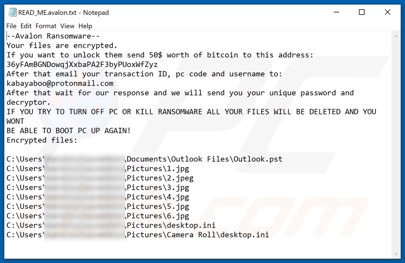 Archivo de texto del ransomware Avalon (READ_ME.avalon.txt)