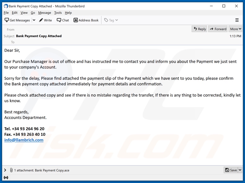 Campaña de spam por correo electrónico de copia del pago bancario