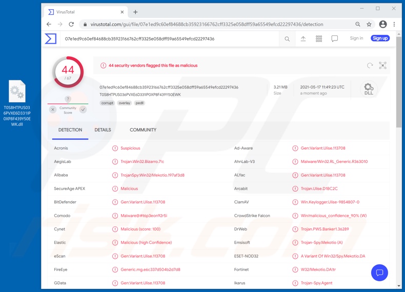 Detecciones de malware Bizarro en VirusTotal