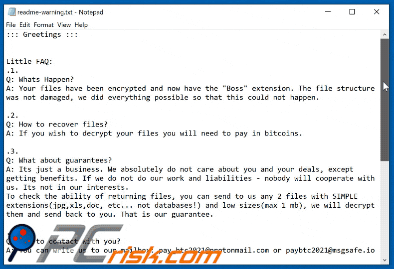 Apariencia de la nota de rescate del ransomware Boss