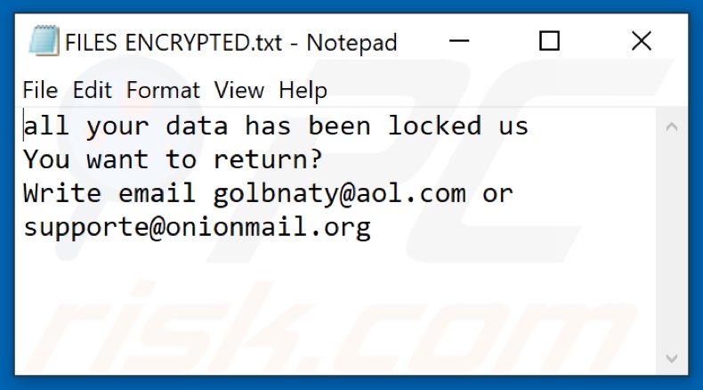 Archivo de texto del ransomware Coms (FILES ENCRYPTED.txt)