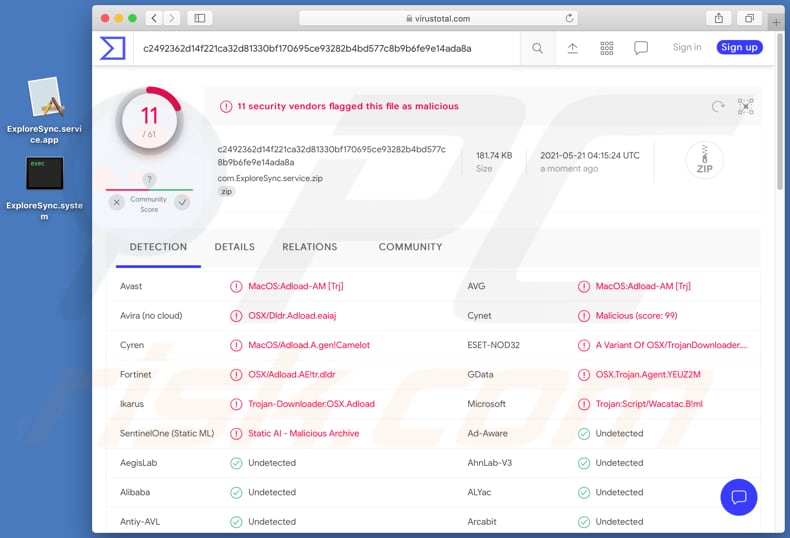 Adware ExploreSync en VirusTotal