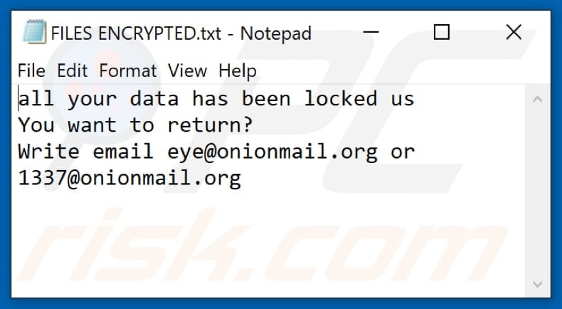 Archivo de texto del ransomware Eye (FILES ENCRYPTED.txt)