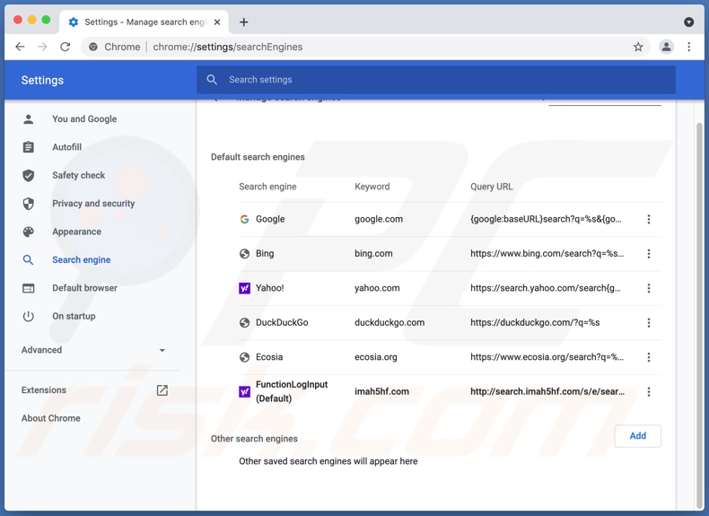 Search.imah5hf.com configurado como motor de búsqueda predeterminado en Chrome