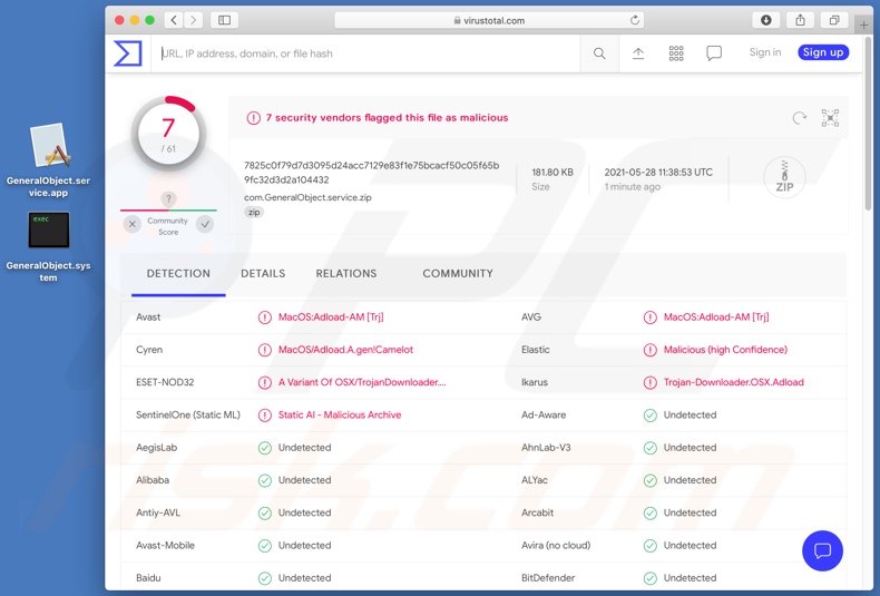 Detecciones de adware GeneralObject en VirusTotal
